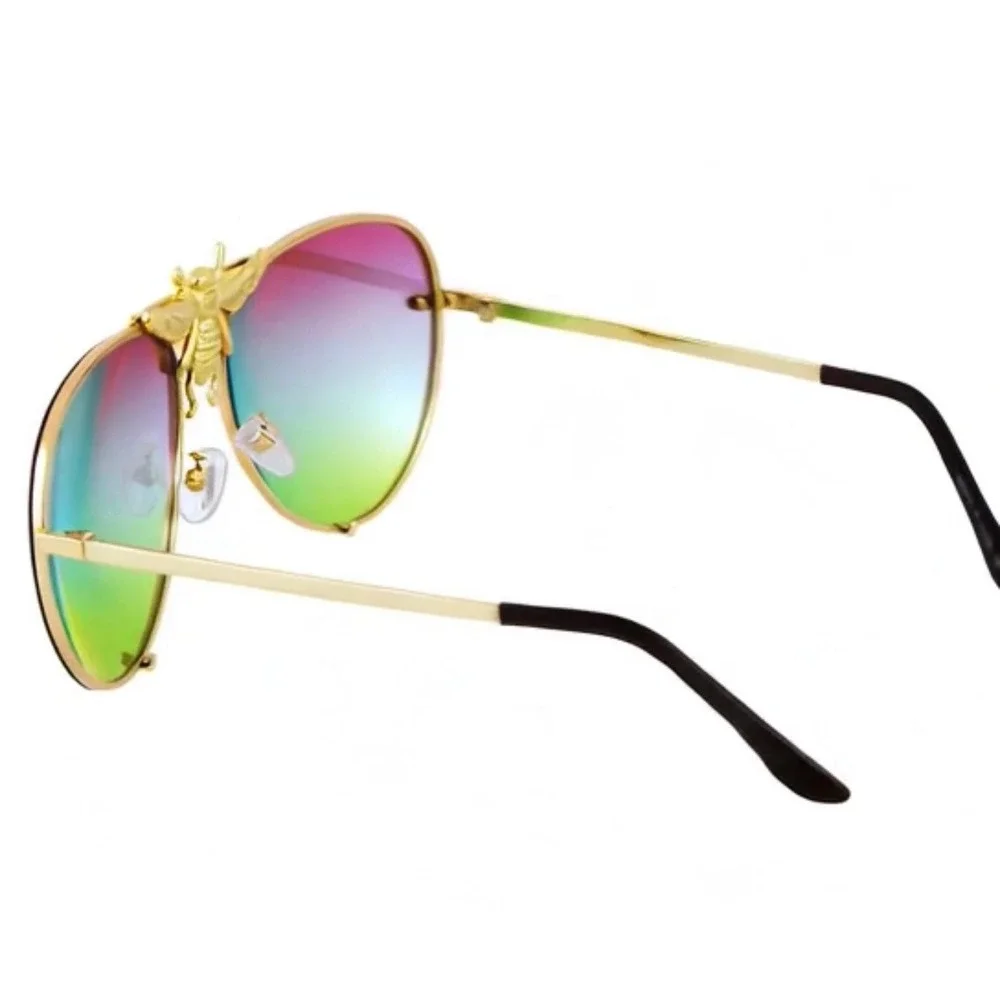 Gold Sunglasses Men Rimless Magenta Green Gradient Lens Metal Frame Hip Hop 2026